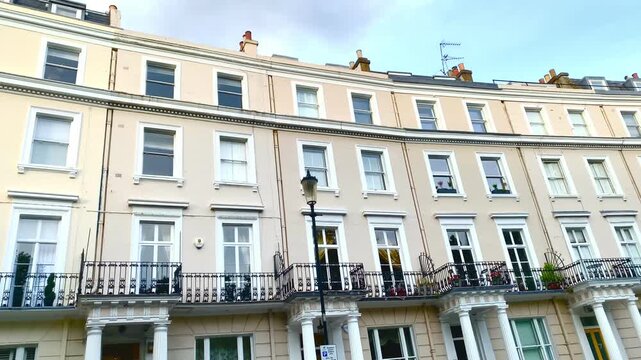 Royal Crescent Building Exterior, British Regency Architecture Style Apartments, 19th Century Terraced Houses In Holland Park, West London, England, United Kingdom