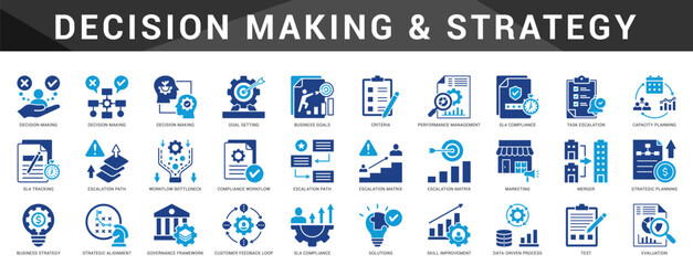A strategic set of icons focused on decision making, compliance, escalation, and data-driven frameworks.