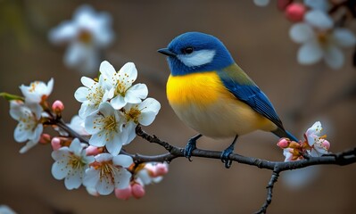 Blue Bird Perched on Blossoming Branch During Spring in a Serene Natural Setting.