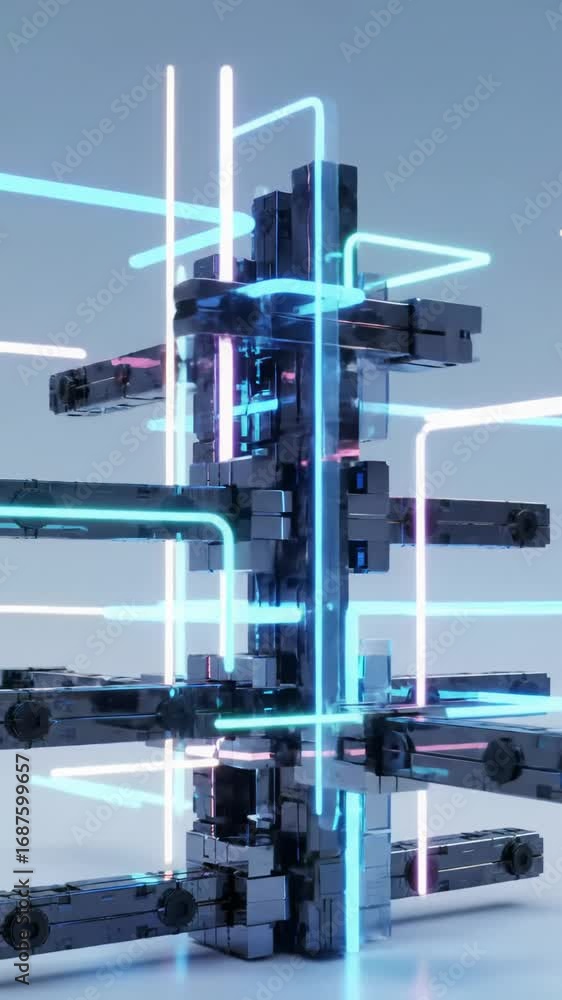 Poster hyper-realistic cgi video of vibrant data lines and sleek chrome and glass shapes forming an intrica