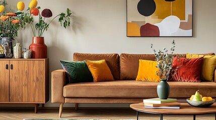Beautiful Apartment, Sofa, Chair, Dining Table wall Mockup Interior design of modern living room