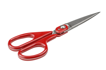 Pair of scissors featuring bright red grips and sharp silver blades, isolated on transparent background.