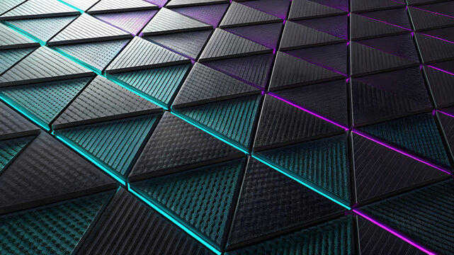 Geometric pattern of textured triangles with neon blue and purple lighting