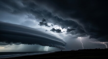 Fototapeta premium Coastal Supercell Storm with Lightning.