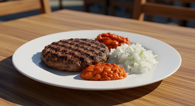 A single pljeskavica on a white plate with ajvar and chopped onions on a wooden table outside