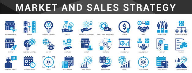 Complete set of icons for marketing and sales strategy including customer journeys, funnels, branding, conversion, and audience targeting.