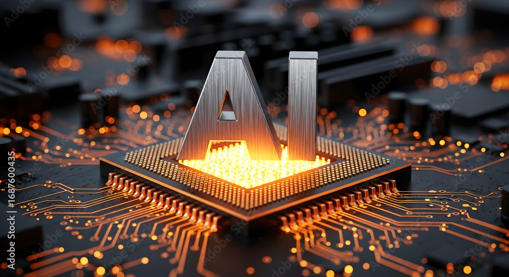 Poster artificial intelligence glowing metallic letters on a computer chip and circuit board.