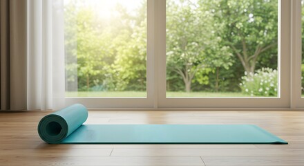 A turquoise yoga mat unrolled on a wooden floor near a window with garden view outside in daylight