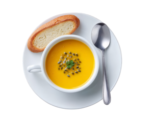 A delicious bowl of creamy pumpkin soup garnished with fresh herbs and seeds, served with a slice of crusty bread on a white plate, isolated on a transparent background