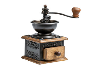 Classic manual coffee grinder with cast-iron top, side handle and wooden drawer, isolated on transparent background.

