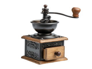 Classic manual coffee grinder with cast-iron top, side handle and wooden drawer, isolated on transparent background.
