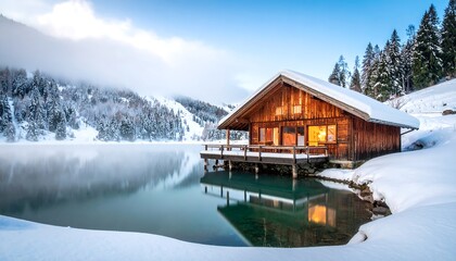 Lakeside cabin in winter wonderland