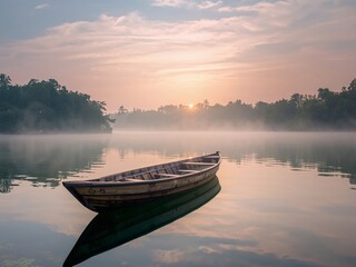 Tranquil Dawn. A Wooden Boat Rides Calm Waters Under a Pale Sky, Bathed in Soft Light.