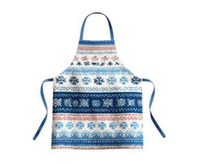 A blue and white knitted apron with a festive nordic pattern, isolated on a transparent background, perfect for holiday baking or as a gift