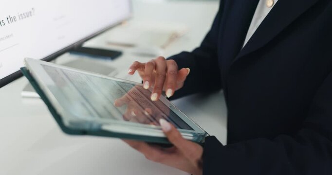Hands, business and woman with tablet in office for research, incident report and compliance form. Person, tech and digital for verify insurance claim, risk assessment and policy coverage for client