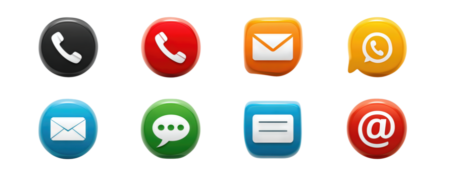 Set of communication icons including phone, chat bubble, mail and notification glyphs, evenly spaced, isolated on transparent background.
