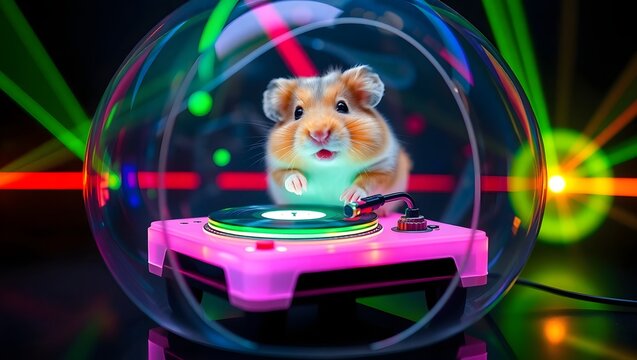A hamster is spinning records on a pink turntable, surrounded by vibrant lights and a playful atmosphere, creating a whimsical and entertaining scene