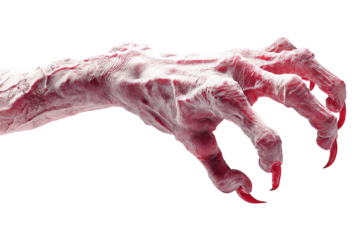 Monstrous hand prop in pale tones with claws extended and eerie texture, isolated on transparent background.
