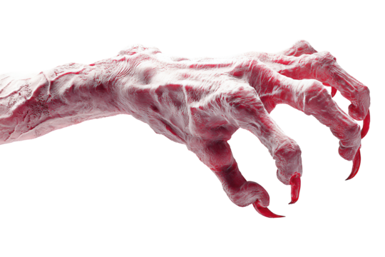 Monstrous hand prop in pale tones with claws extended and eerie texture, isolated on transparent background.
- Powered by Adobe