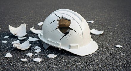 Damaged construction helmet with shattered pieces, symbolizing danger, risk, and workplace accidents