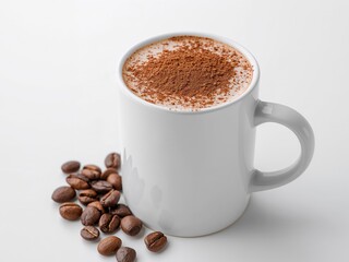 Warm Beverage in White Mug, Textured with Cocoa Powder and Coffee Beans, Simple Still Life.
