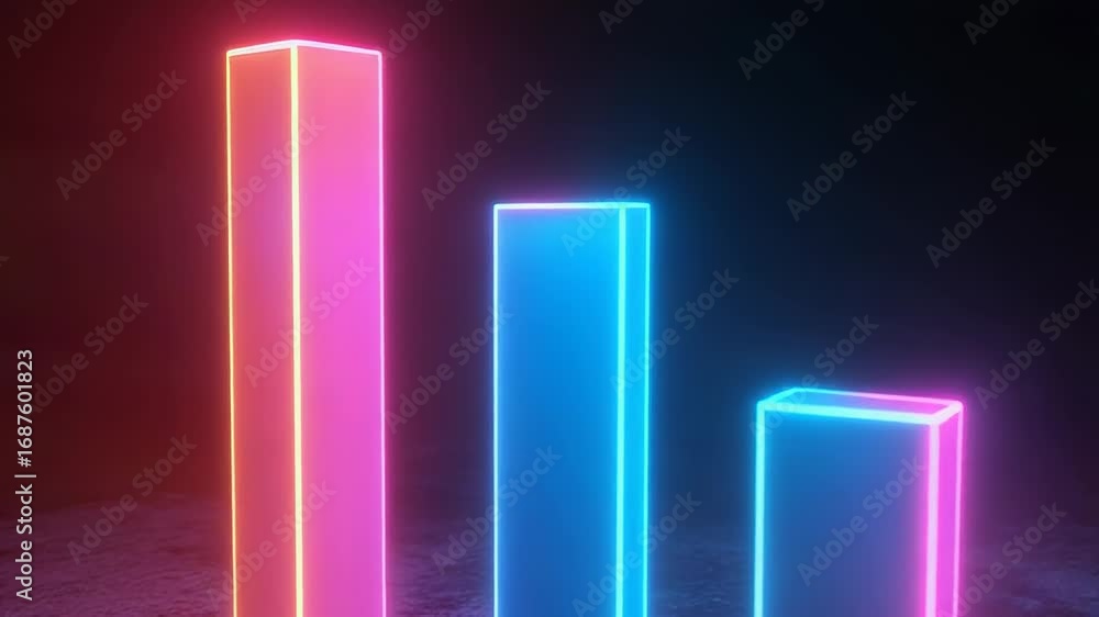 Poster glowing neon bar chart showing declining performance in dark room