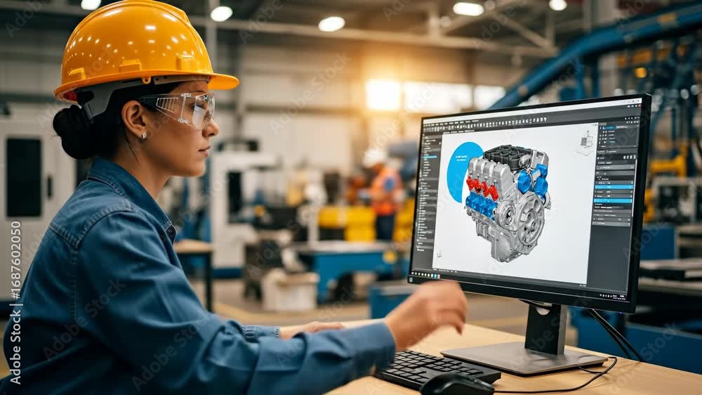 Poster female engineer designing engine on computer - a female mechanical engineer in a factory setting use