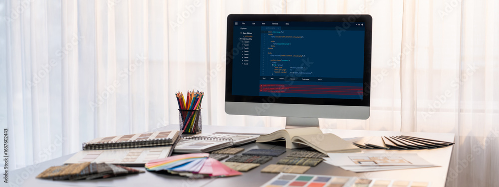 Poster interior designer workspace table and architecture software on laptop screen with mood board materia