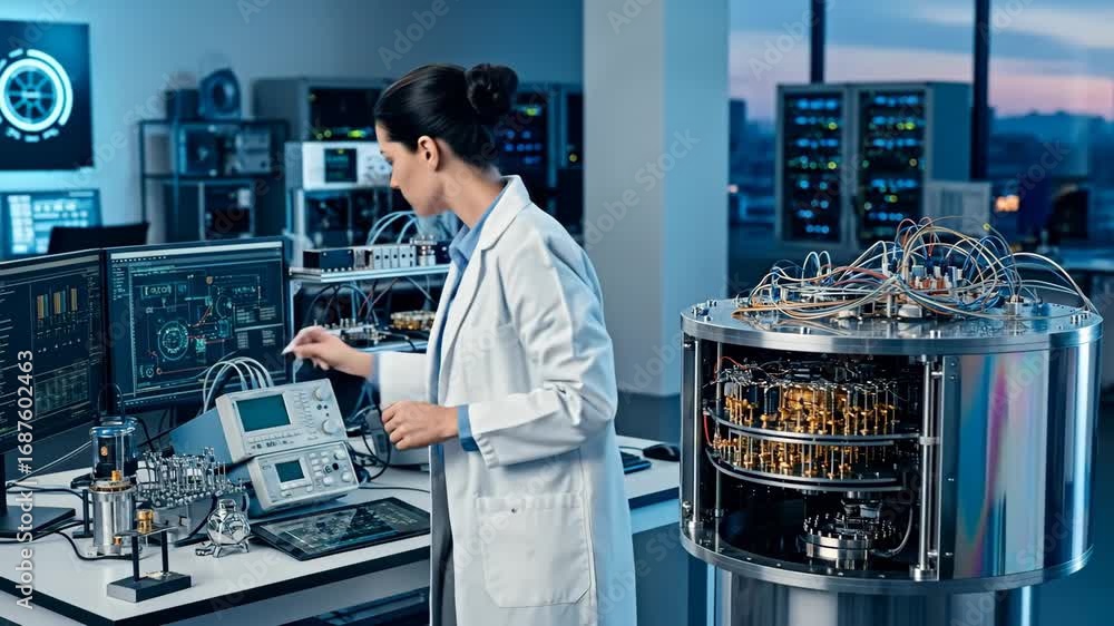 Poster female scientist working with quantum computer - a female scientist in a lab coat carefully examines