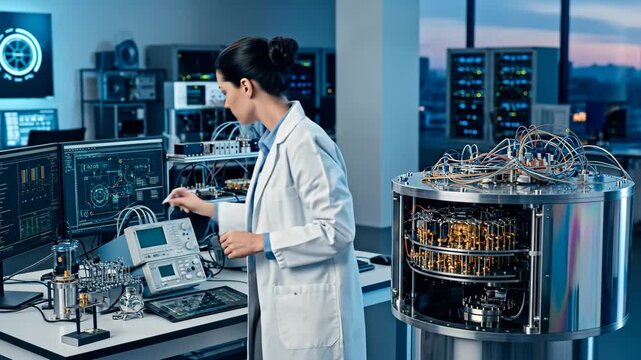 Female Scientist Working with Quantum Computer - A female scientist in a lab coat carefully examines a quantum computer, surrounded by advanced technological equipment and monitors displaying complex