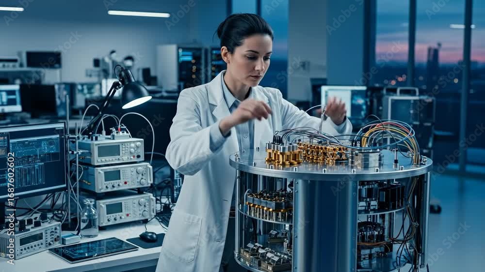 Poster female scientist working on quantum computer - a female scientist in a lab coat meticulously works o