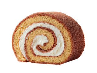 Swiss roll cake sliced to show spiral sponge and cream filling, top-down view, isolated on transparent background.
