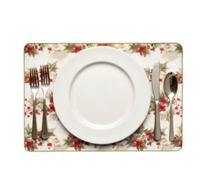 A white plate with fork, knife, and spoon arranged on a floral placemat, isolated on transparent background