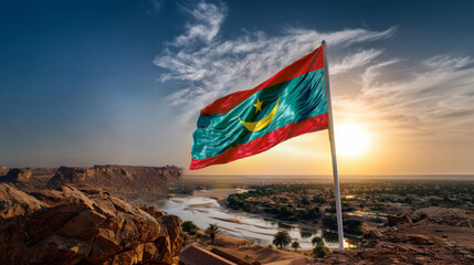 Mauritania flag waves proudly at sunset during Independence Day celebration