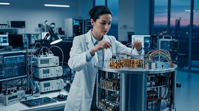 Female Scientist Working on Quantum Computer - A female scientist in a lab coat meticulously works on a quantum computer, connecting wires and configuring the complex machinery.