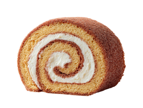 Swiss roll cake sliced to show spiral sponge and cream filling, top-down view, isolated on transparent background.
