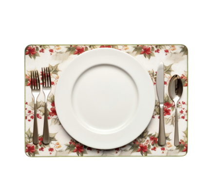 A white plate with fork, knife, and spoon arranged on a floral placemat, isolated on transparent background