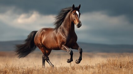 Majestic brown horse galloping across a grassy field under moody skies at sunset