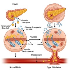 Diagram showing normal insulin signaling vs type 2 diabetes with impaired GLUT4 glucose transport, insulin resistance and high blood sugar.