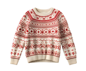 Cozy and warm knitted sweater with a traditional nordic pattern in red and white, isolated on a transparent background