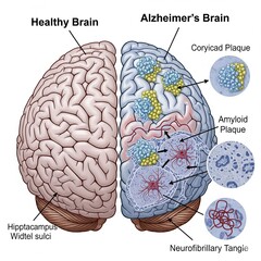 Illustration comparing healthy brain and Alzheimer's brain with amyloid plaques, neurofibrillary tangles and hippocampal shrinkage.