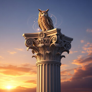 Greek column with owl sitting on top, symbol of philosophy and wisdom.