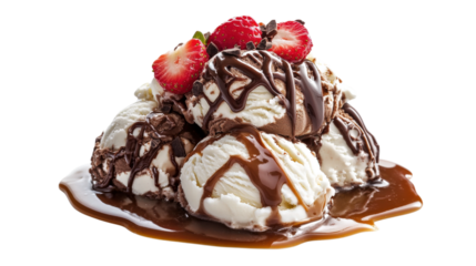 Decadent Delight A Tower of Ice Cream Scoops Adorned with Strawberries and Chocolate Drizzle on Clear Backdrop