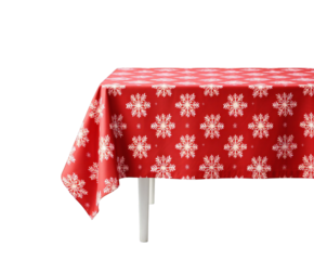 Red christmas tablecloth with white snowflake pattern, isolated on transparent background