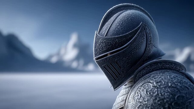 Ice Knight Standing and Looking at the Snow Mountain Peak