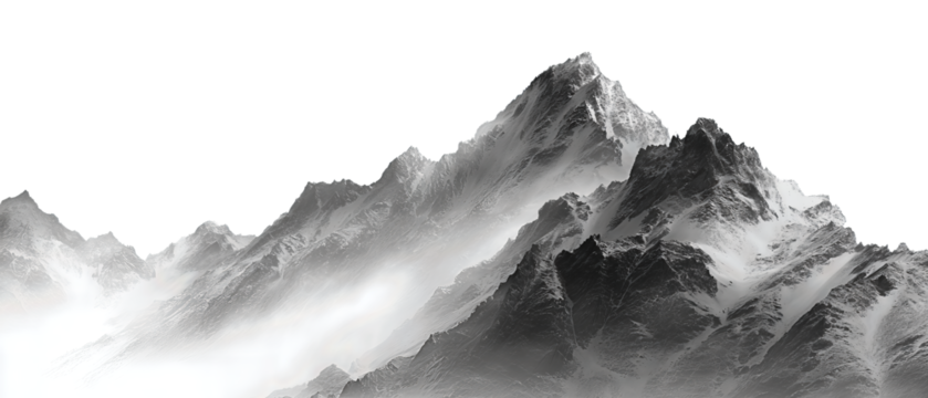 Misty mountain panorama showing layered peaks dissolving into fog, isolated on transparent background.

