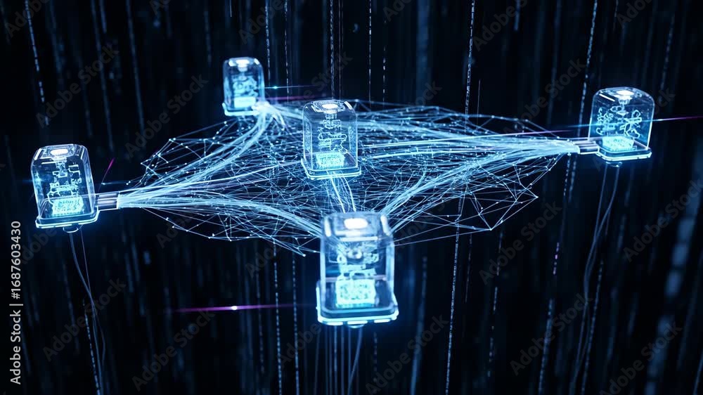 Poster futuristic quantum network connection - a network of quantum computers is depicted, interconnected b