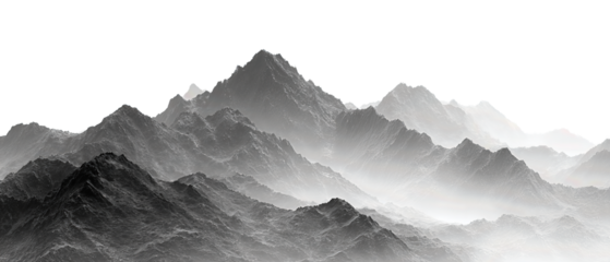 Foggy mountain ridge in panoramic greyscale with peaks fading into mist, isolated on transparent background.
