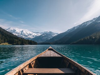 Canoe Adventure on a Serene Lake, Surrounded by Majestic Peaks A Peaceful Journey.