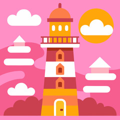 Naklejka premium Vibrant cartoon lighthouse scene with playful clouds and a warm sun, evoking coastal charm and adventure for your creative projects
